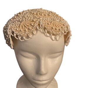 Vintage 1950s Elegant Ivory and White Beaded Lace Hat-  A Betty Jane Original